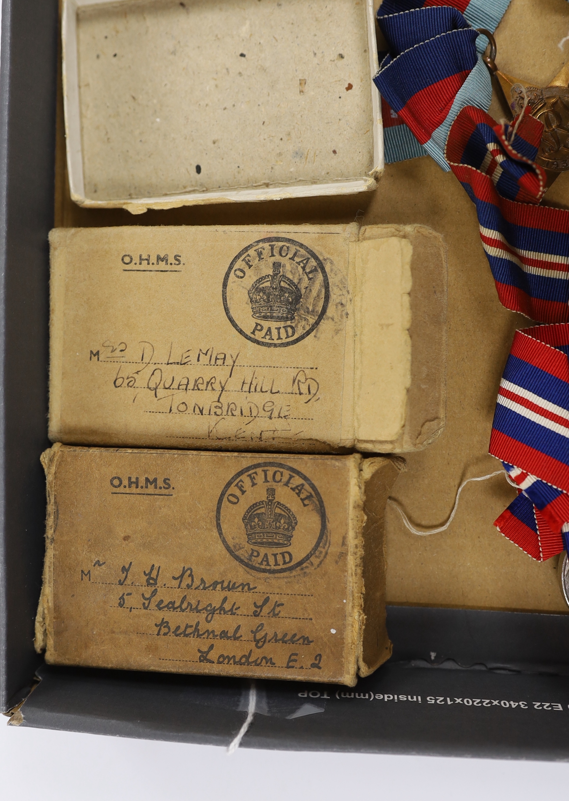 Fifteen WWII medals including some with original card boxes, including; eight War medals, three Defence medals and four 1939-1945 Stars